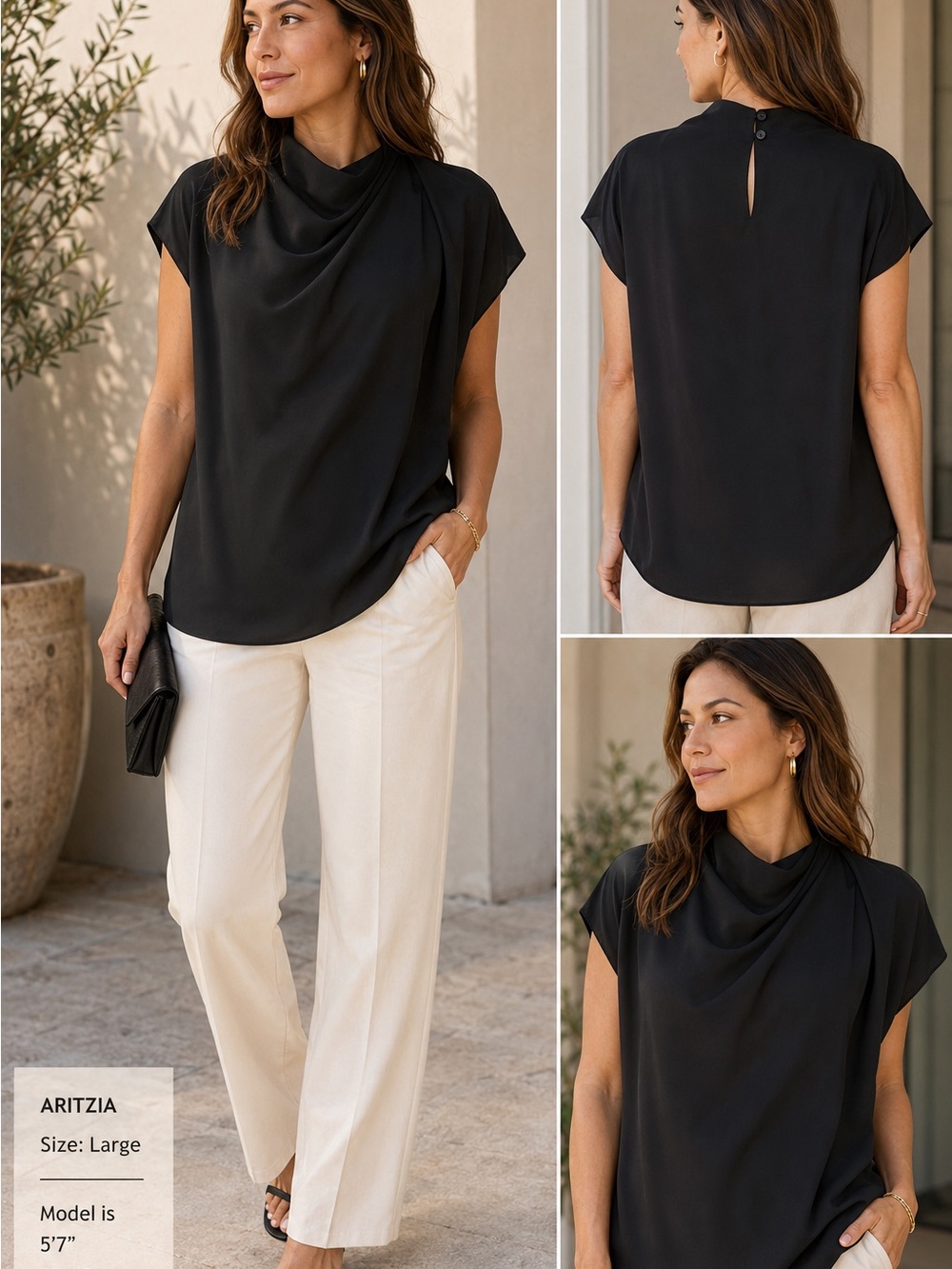Babaton Aritzia Black Draped Mock Neck Blouse Size Large NWT